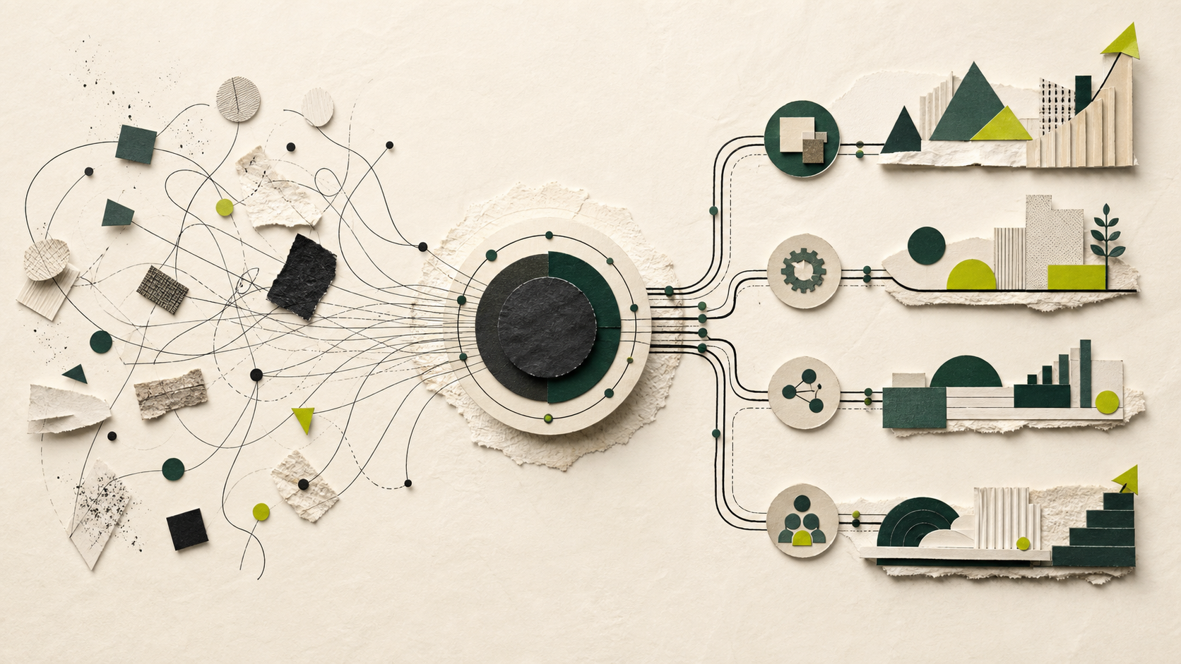 Organisational rewire model showing scattered AI activity flowing through a coordinating nerve centre into focused domains, redesigned work, and compounding capability, supported by leadership, learning, and trust.